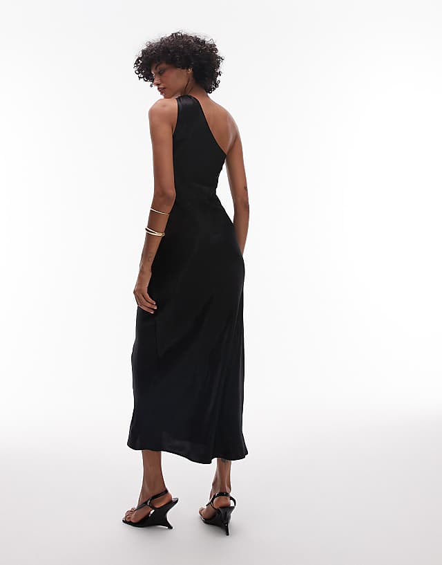 Asos & Other Stories One Shoulder Satin Midi Dress With Twisted Strap Detail In Black