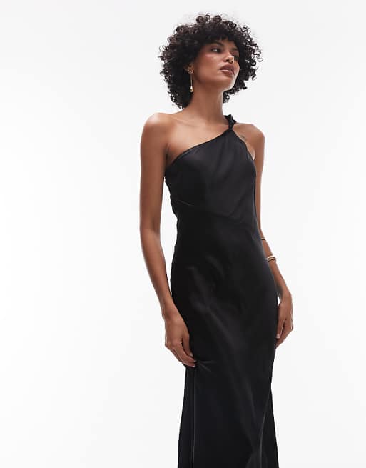 Asos & Other Stories One Shoulder Satin Midi Dress With Twisted Strap Detail In Black