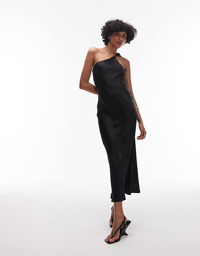 asos & Other Stories one shoulder satin midi dress with twisted strap detail in black