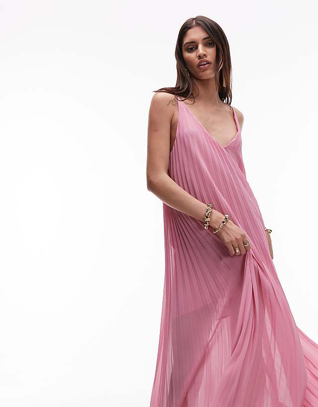 Asos & Other Stories Pleated Chiffon Maxi Dress With Deep V-back In Pink