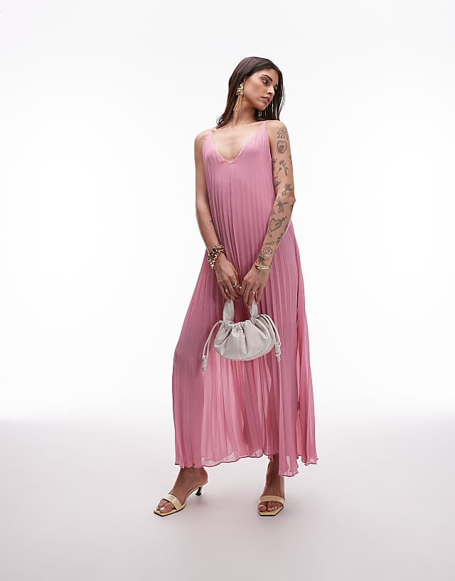 Asos & Other Stories Pleated Chiffon Maxi Dress With Deep V-back In Pink