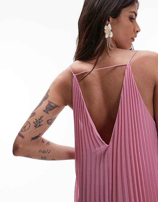 Asos & Other Stories Pleated Chiffon Maxi Dress With Deep V-back In Pink