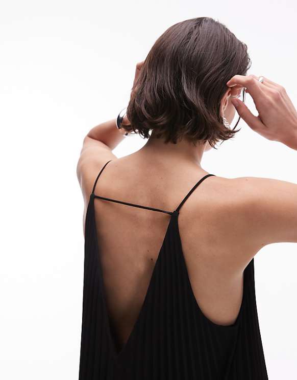 Asos & Other Stories Pleated Chiffon Maxi Dress With Deep V-back In Black