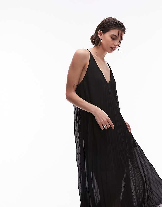 Asos & Other Stories Pleated Chiffon Maxi Dress With Deep V-back In Black