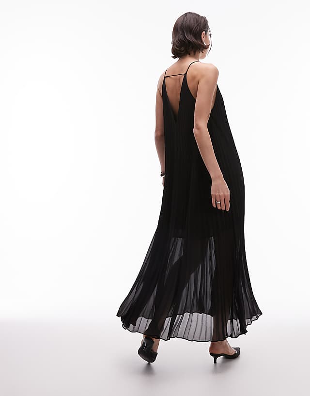 Asos & Other Stories Pleated Chiffon Maxi Dress With Deep V-back In Black