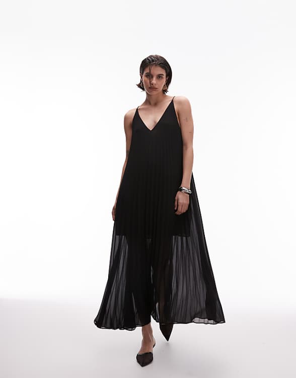 asos & Other Stories pleated chiffon maxi dress with deep v-back in black