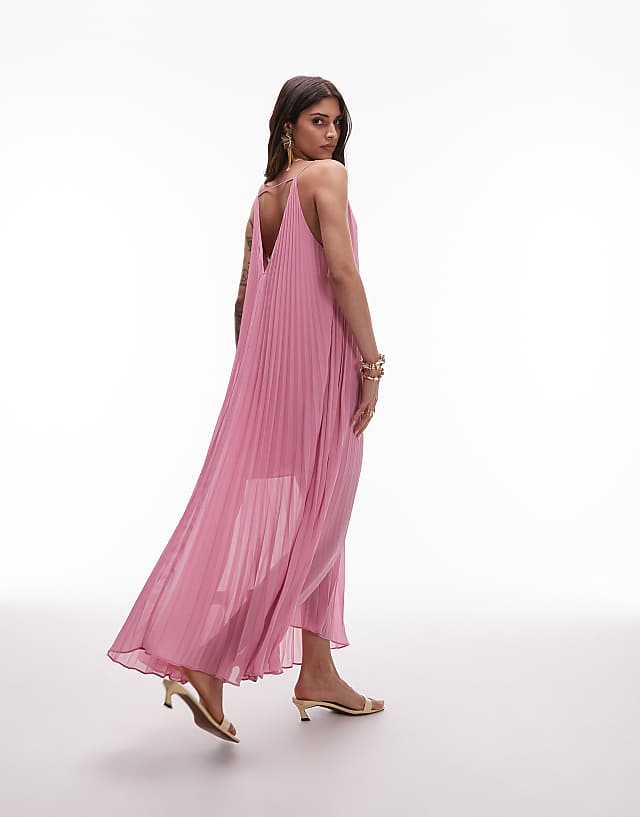 asos & Other Stories pleated chiffon maxi dress with deep v-back in pink
