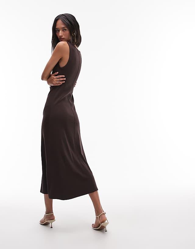 Asos & Other Stories Ribbed Jersy Midaxi Dress In Brown With Metal Deco Clasp