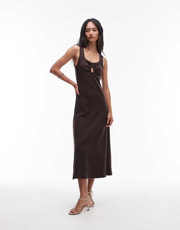 asos & Other Stories ribbed jersy midaxi dress in brown with metal deco clasp