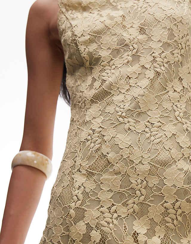 Asos & Other Stories Sheer Lace Maxi Dress In Antique Pale Olive With Mini Under Slip