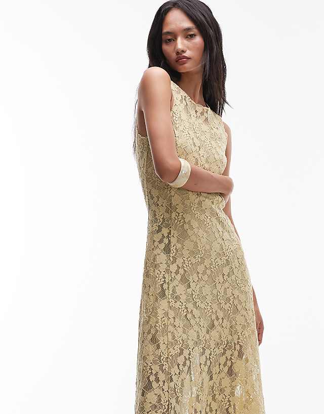 Asos & Other Stories Sheer Lace Maxi Dress In Antique Pale Olive With Mini Under Slip