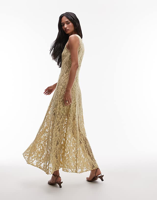Asos & Other Stories Sheer Lace Maxi Dress In Antique Pale Olive With Mini Under Slip