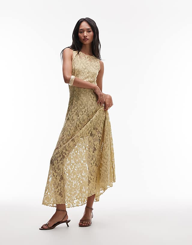 asos & Other Stories sheer lace maxi dress in antique pale olive with mini under slip
