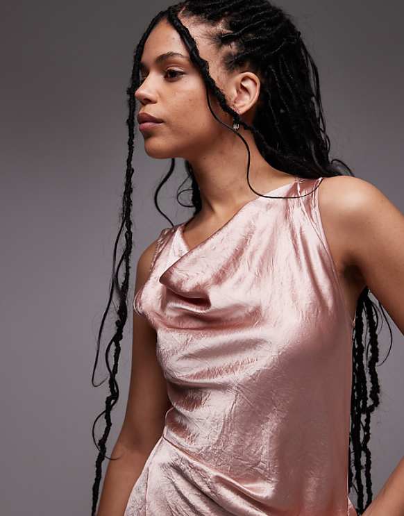 Asos & Other Stories Sleeveless Hammered Satin Midaxi Dress With Drape Detail And Thigh Split In Light Pink