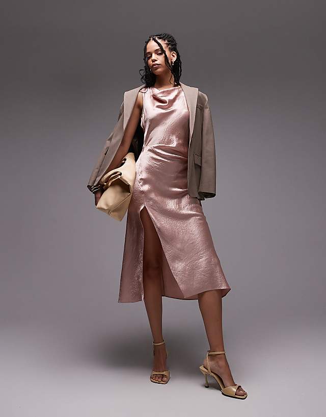 Asos & Other Stories Sleeveless Hammered Satin Midaxi Dress With Drape Detail And Thigh Split In Light Pink