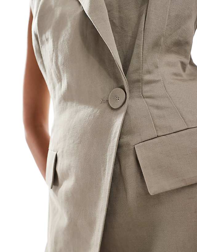 Asos & Other Stories Sleeveless Linen Mix Mini Blazer Dress With Wrap Detail In Dark Beige