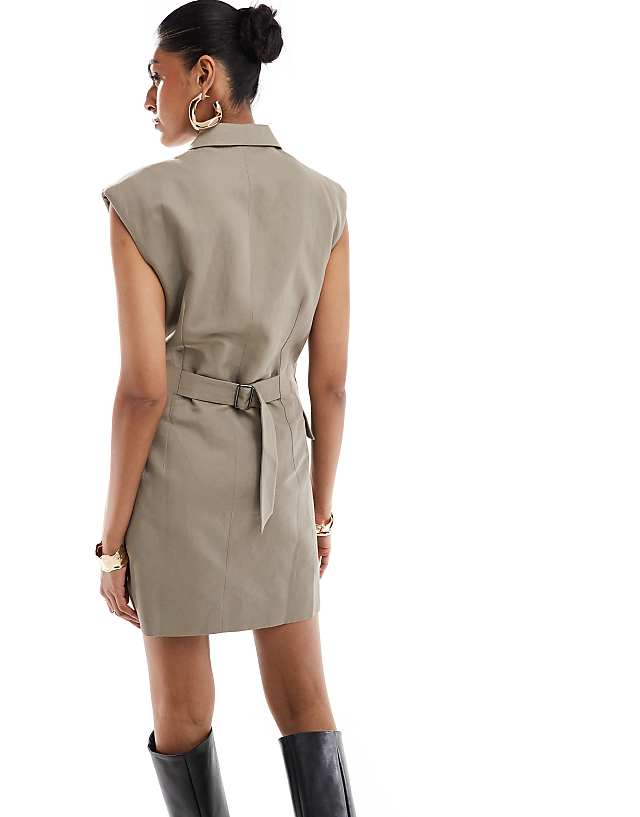 Asos & Other Stories Sleeveless Linen Mix Mini Blazer Dress With Wrap Detail In Dark Beige