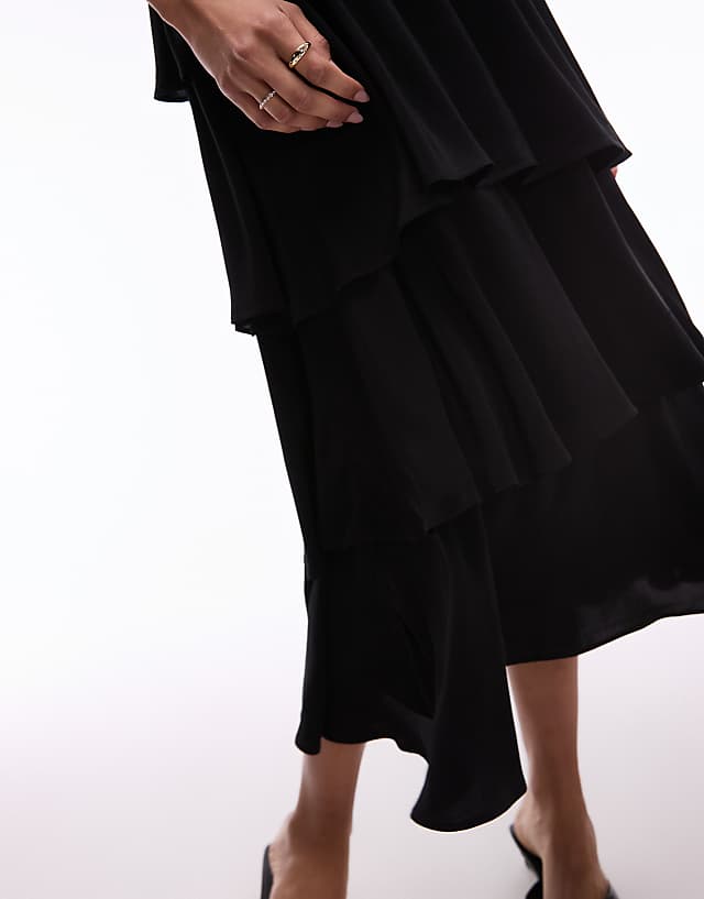 Asos & Other Stories Sleeveless Midaxi Dress With Floaty Ruffles In Black Ribbed Mixed Jersey And Woven Fabric