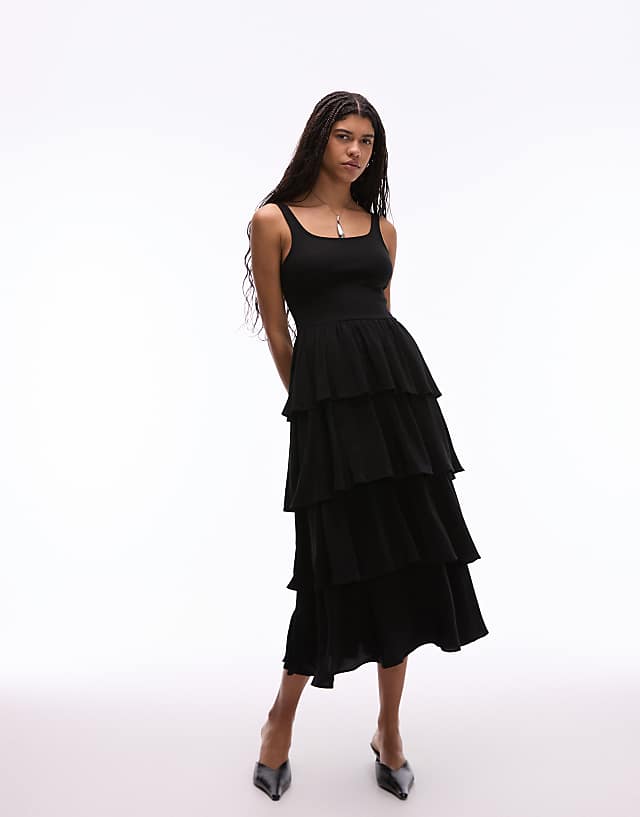 Asos & Other Stories Sleeveless Midaxi Dress With Floaty Ruffles In Black Ribbed Mixed Jersey And Woven Fabric