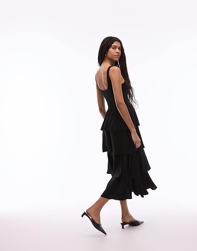 Asos & Other Stories Sleeveless Midaxi Dress With Floaty Ruffles In Black Ribbed Mixed Jersey And Woven Fabric