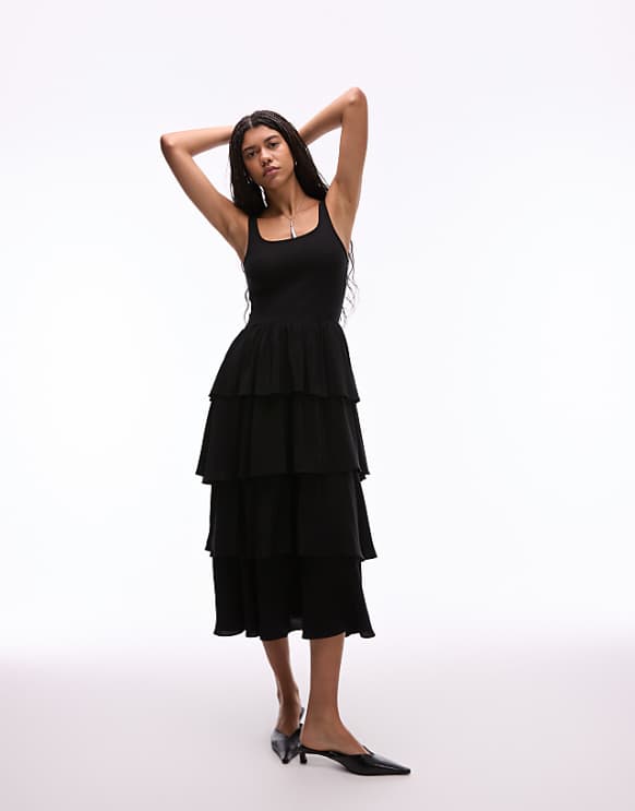 asos & Other Stories sleeveless midaxi dress with floaty ruffles in black ribbed mixed jersey and woven fabric
