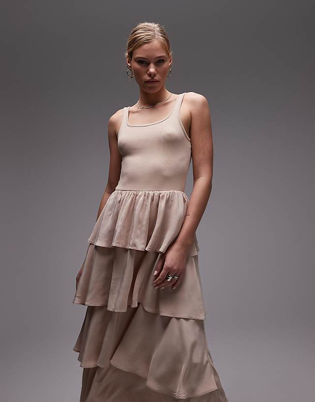 asos & Other Stories sleeveless ruffle midaxi dress in light beige