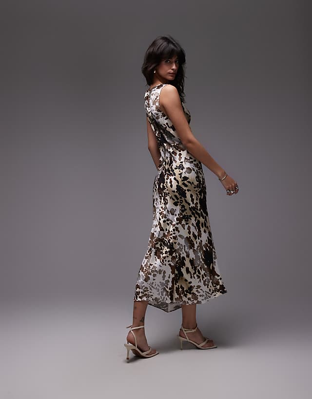 Asos & Other Stories Sleeveless Satin Midaxi Dress With Drape Detail And Thigh Split In Abstract Animal Print