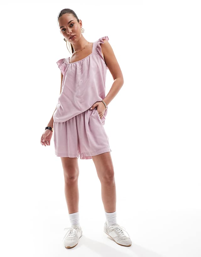 asos Pieces linen touch flutter sleeve cami top and shorts set in dawn pink