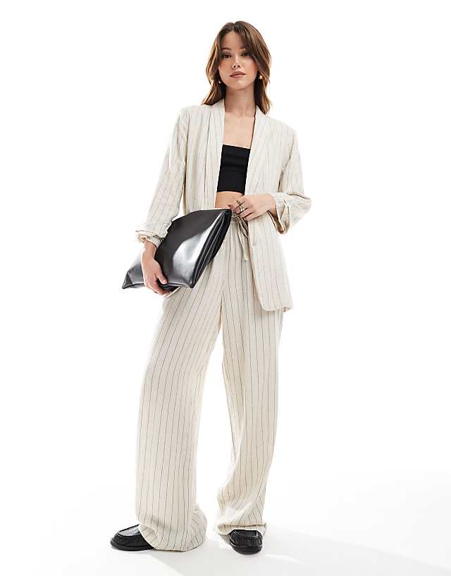 asos Pieces linen touch ruched sleeve blazer co-ord in birch cream and black stripe - CREAM