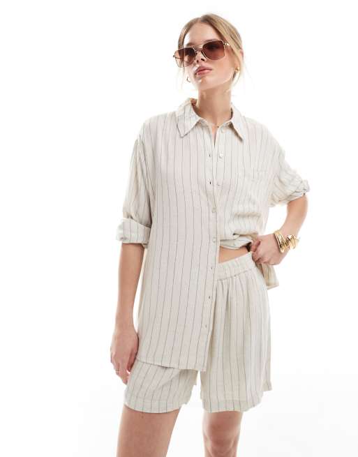 Asos Pieces Linen Touch Shirt And Shorts Set In Birch Cream And Black Stripe