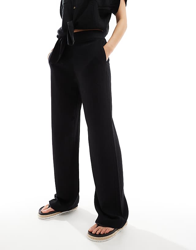 Asos Pieces Linen Touch Wide Leg Trouser Co-ord In Black