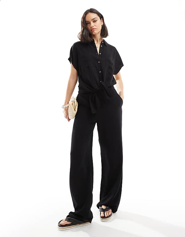 asos Pieces linen touch wide leg trouser co-ord in black