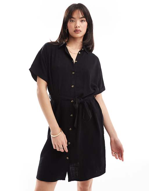 Asos Pieces Tie Waist Linen Mini Shirt Dress In Black
