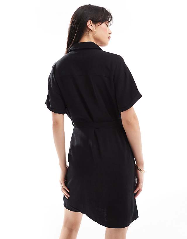 Asos Pieces Tie Waist Linen Mini Shirt Dress In Black