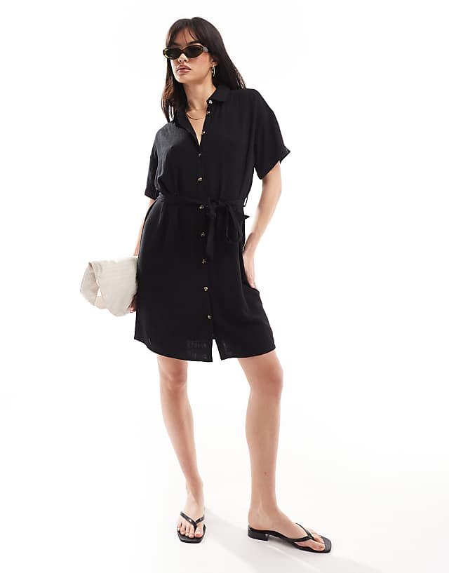 asos Pieces tie waist linen mini shirt dress in black