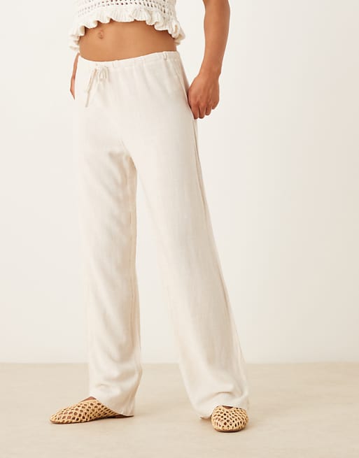Asos Pimkie Linen Blend Drawstring Tie Waist Wide Leg Trousers In Ecru