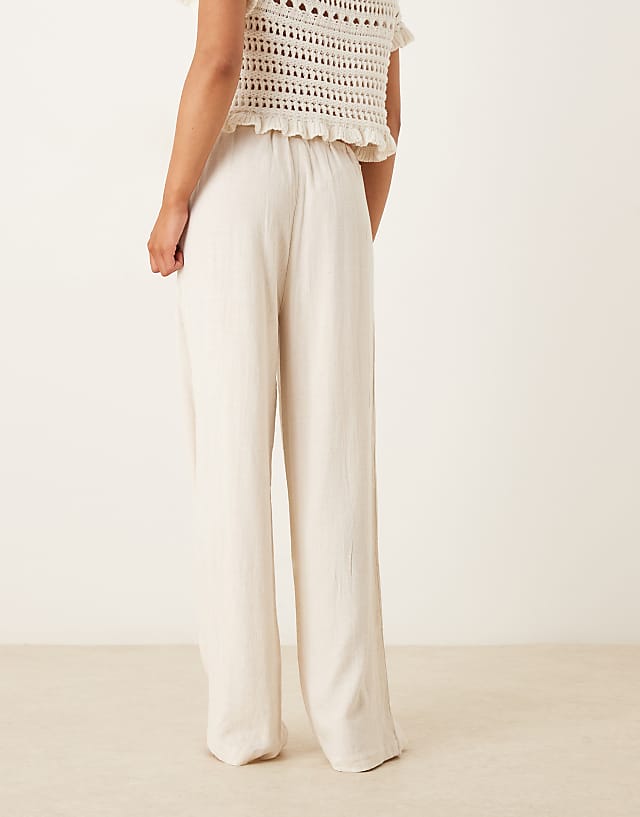 Asos Pimkie Linen Blend Drawstring Tie Waist Wide Leg Trousers In Ecru