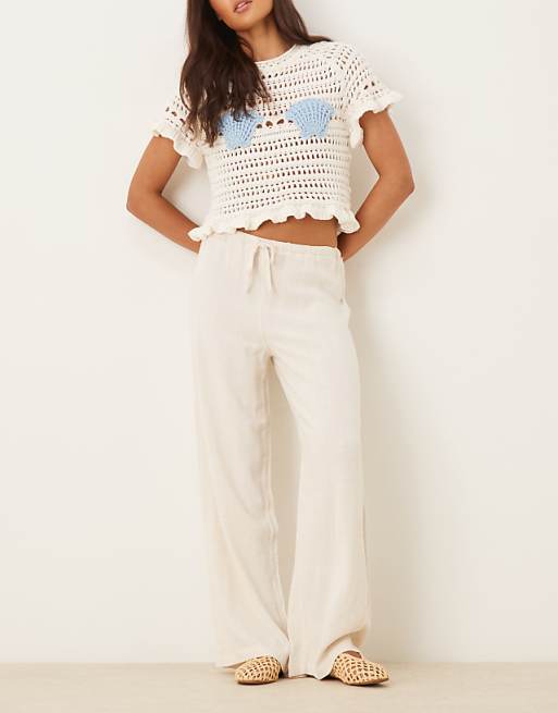 asos Pimkie linen blend drawstring tie waist wide leg trousers in ecru