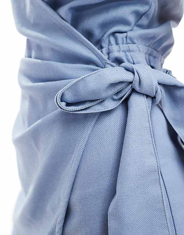Asos Pimkie Linen Blend Mix Wrap Front Skort Playsuit In Blue