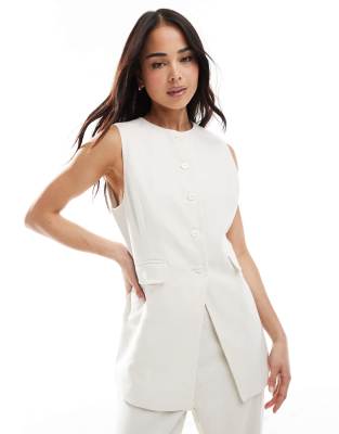 Asos Pimkie Linen Blend Tailored Button Through Waistcoat And Straight Leg Trousers Co-ord In Cream