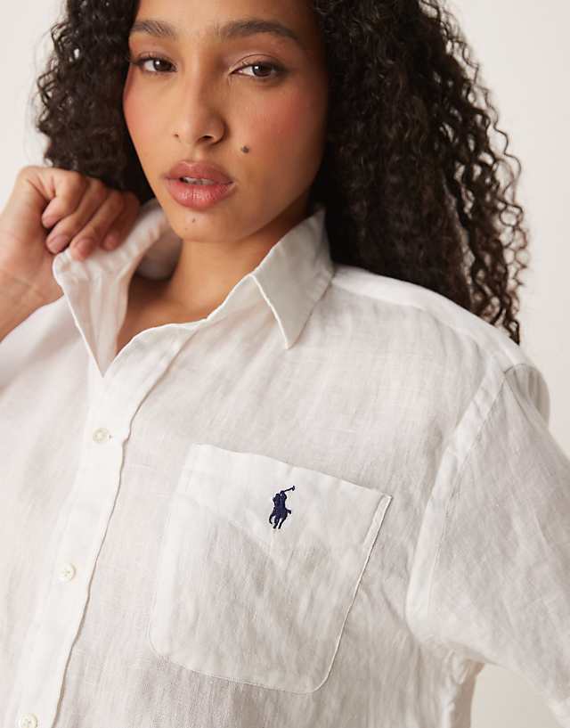 Asos Polo Ralph Lauren Cropped Short Sleeve Linen Shirt In White