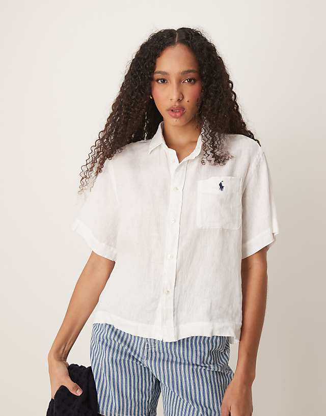 asos Polo Ralph Lauren cropped short sleeve linen shirt in white