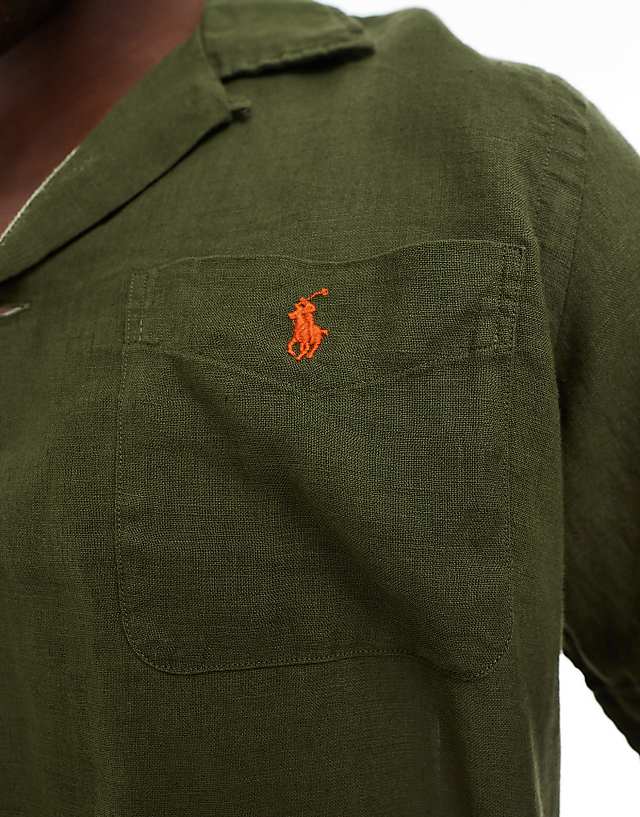 Asos Polo Ralph Lauren Icon Logo Short Sleeve Revere Collar Linen Shirt Classic Oversized Fit In Olive Green