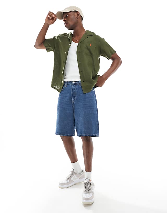 Asos Polo Ralph Lauren Icon Logo Short Sleeve Revere Collar Linen Shirt Classic Oversized Fit In Olive Green