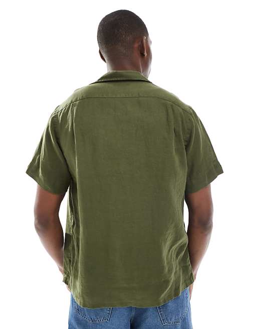 Asos Polo Ralph Lauren Icon Logo Short Sleeve Revere Collar Linen Shirt Classic Oversized Fit In Olive Green