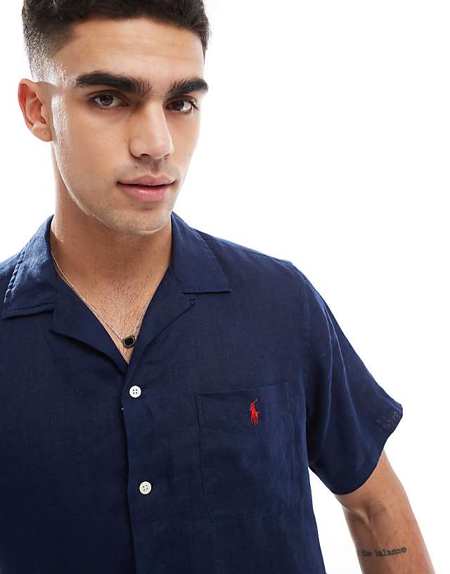 Asos Polo Ralph Lauren Icon Logo Short Sleeve Revere Collar Linen Shirt Classic Oversized Fit In Navy CO-ORD