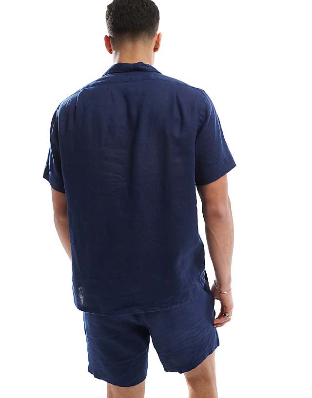 Asos Polo Ralph Lauren Icon Logo Short Sleeve Revere Collar Linen Shirt Classic Oversized Fit In Navy CO-ORD