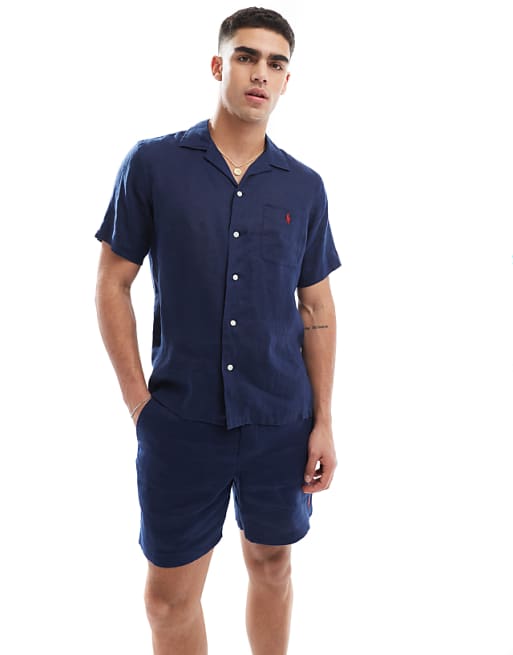 asos Polo Ralph Lauren icon logo short sleeve revere collar linen shirt classic oversized fit in navy CO-ORD