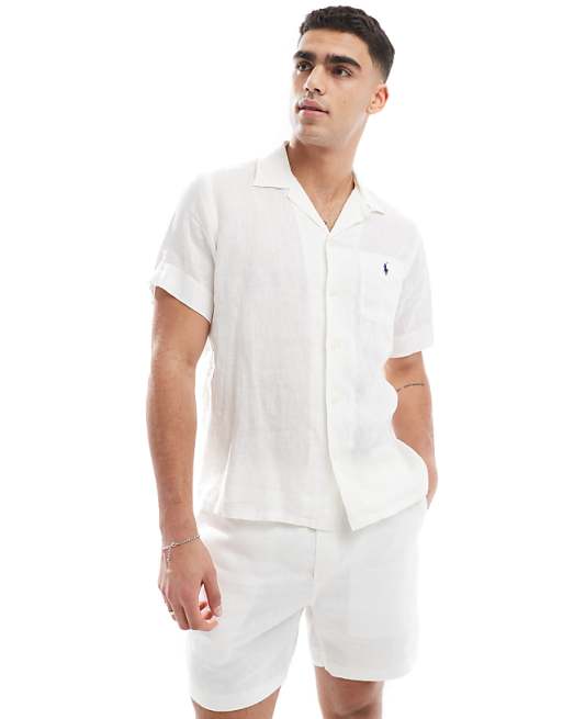 asos Polo Ralph Lauren icon logo short sleeve revere collar linen shirt classic oversized fit in white CO-ORD