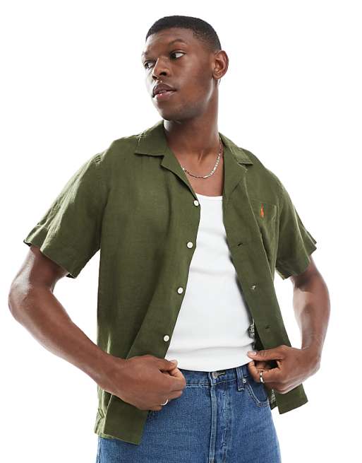 asos Polo Ralph Lauren icon logo short sleeve revere collar linen shirt classic oversized fit in olive green
